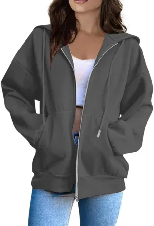Womens Fashion Hoodies Zipper Oversized Loose Fit Long Sleeve Solid Jackets Soft Sweatshirts