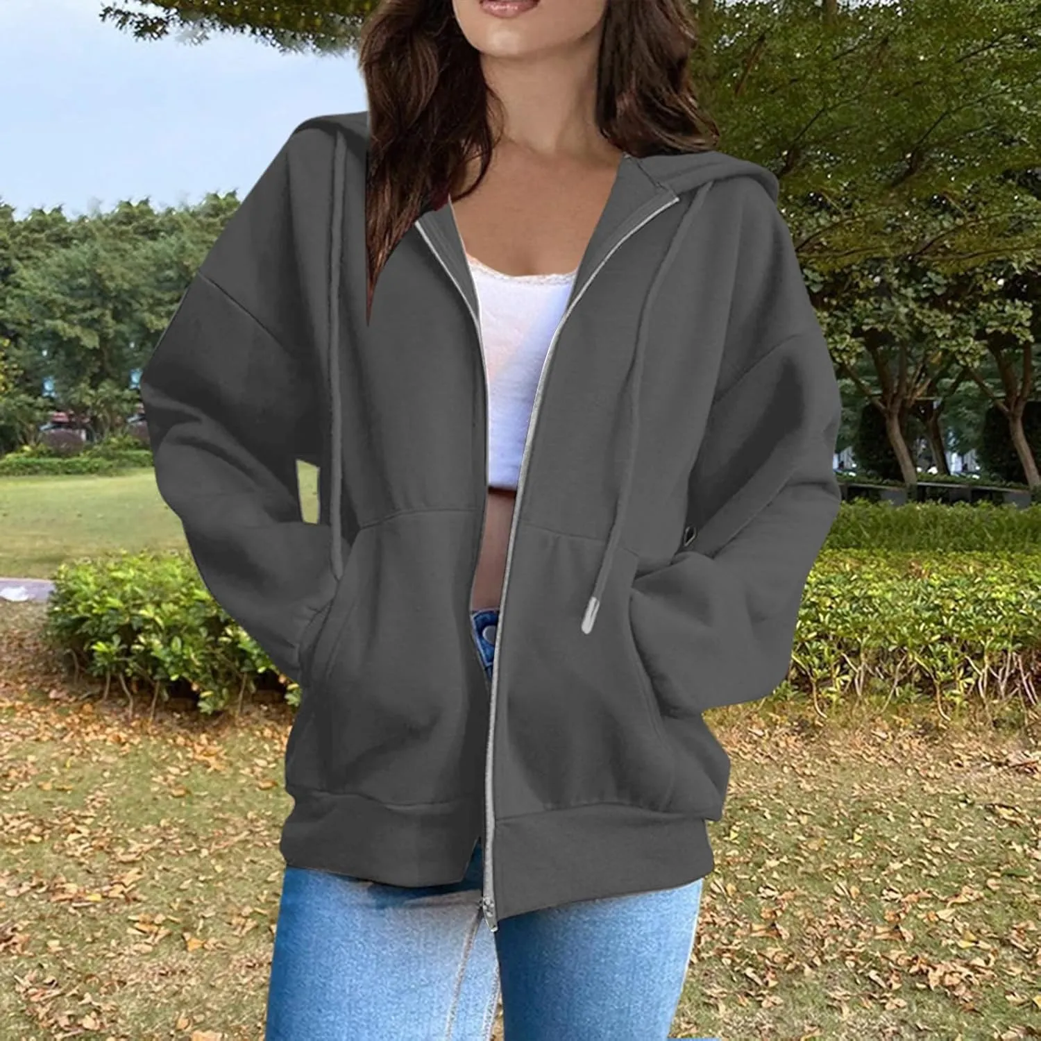 Womens Fashion Hoodies Zipper Oversized Loose Fit Long Sleeve Solid Jackets Soft Sweatshirts