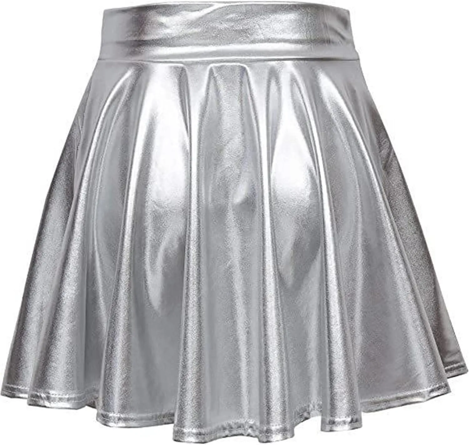 Women's Faux Leather Pleated Flared Skirt High Waist Dance Skate Mini Skirts Nightclub Rave Party A-Line Skirts