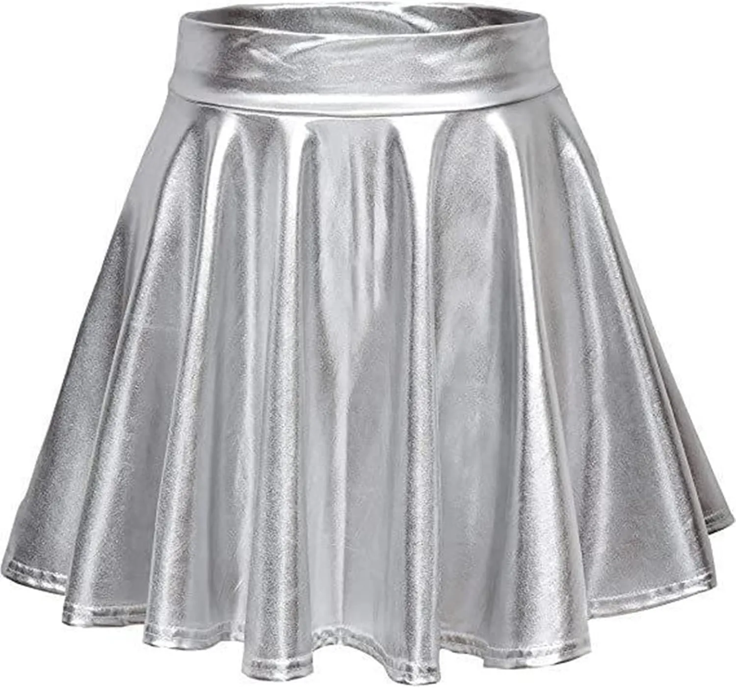 Women's Faux Leather Pleated Flared Skirt High Waist Dance Skate Mini Skirts Nightclub Rave Party A-Line Skirts