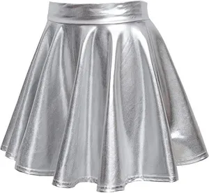 Women's Faux Leather Pleated Flared Skirt High Waist Dance Skate Mini Skirts Nightclub Rave Party A-Line Skirts