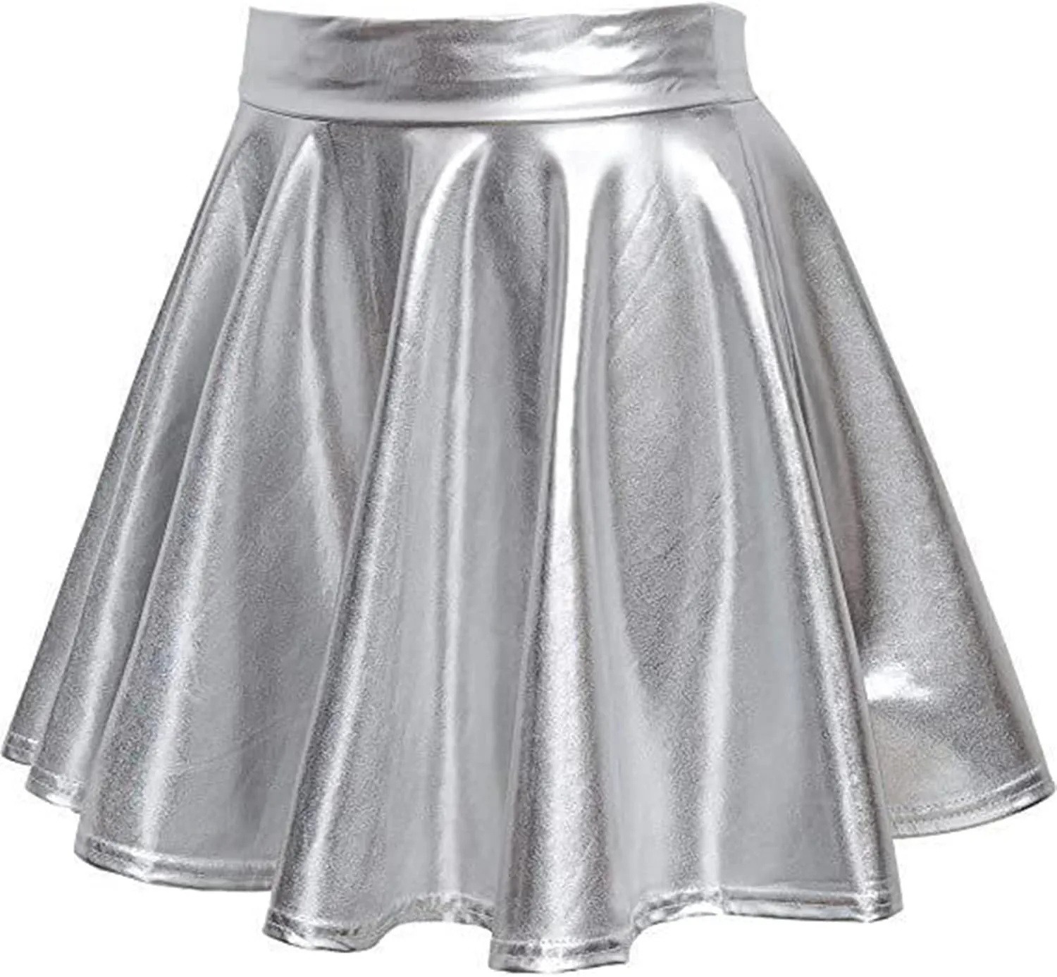 Women's Faux Leather Pleated Flared Skirt High Waist Dance Skate Mini Skirts Nightclub Rave Party A-Line Skirts