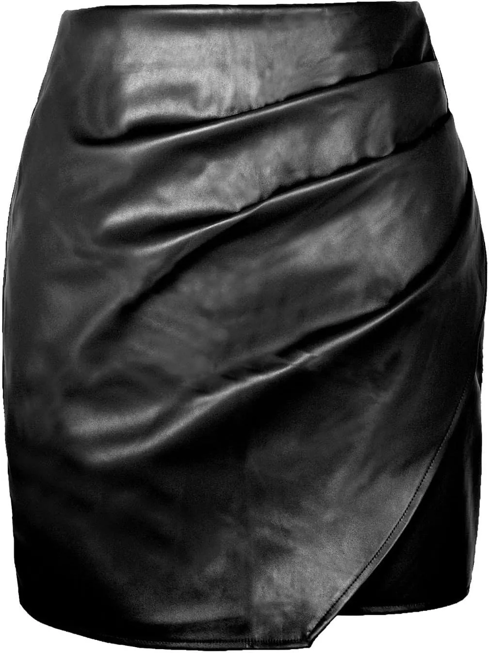 Womens Faux Leather Skirt High Waisted Ruched Wrap Short PU Leather Skirt Party Night Out Pleated Pencil Mini Skirts