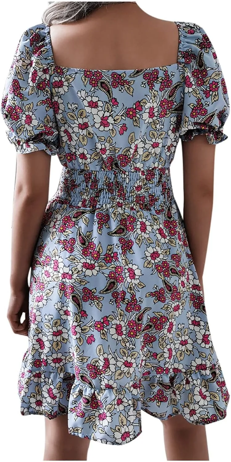 Women's Floral Mini Dress Empire Waist Ruffle Flowy Dresses Casual Short Sleeve Scoopneck Dress