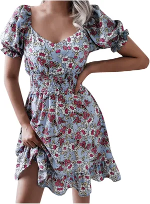 Women's Floral Mini Dress Empire Waist Ruffle Flowy Dresses Casual Short Sleeve Scoopneck Dress