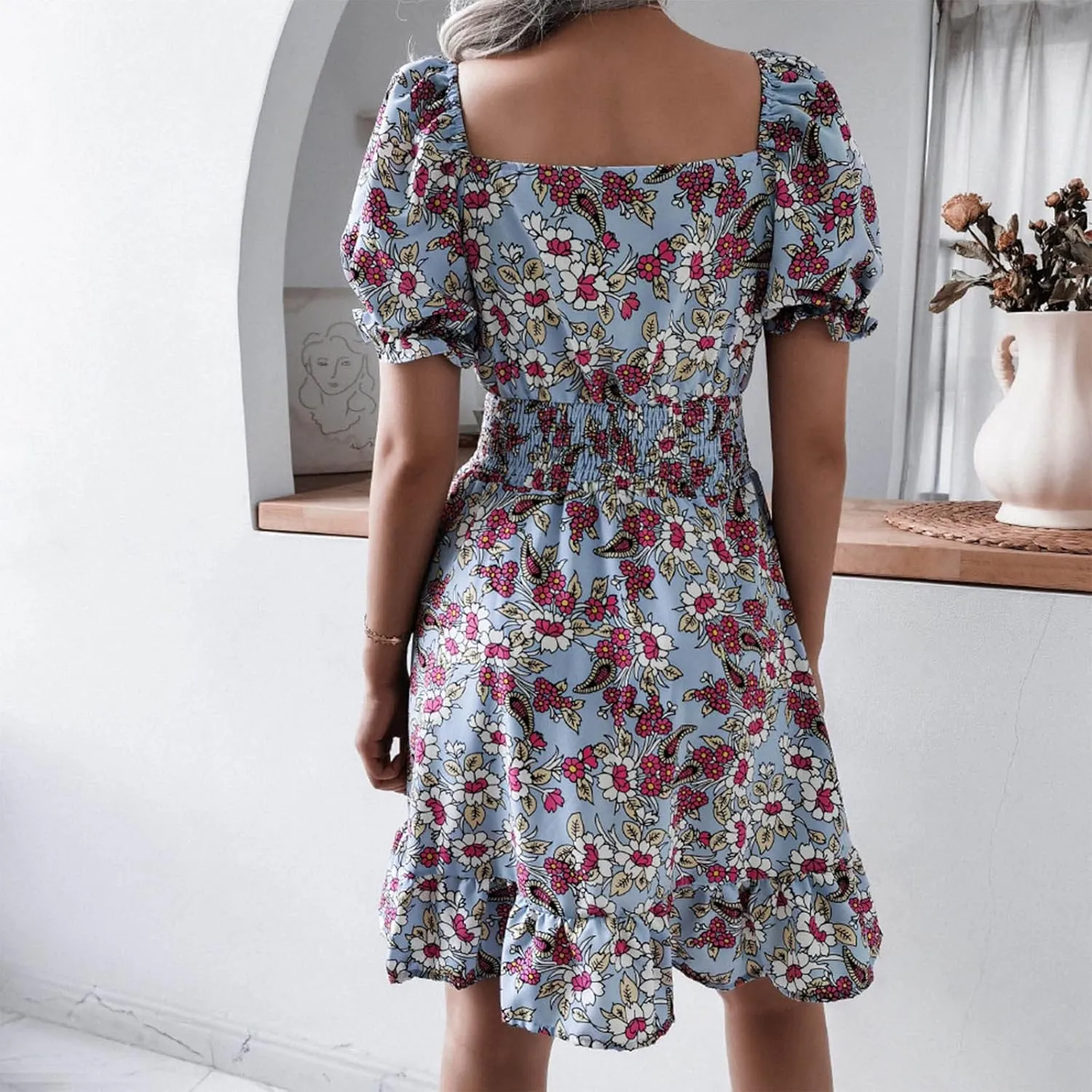 Women's Floral Mini Dress Empire Waist Ruffle Flowy Dresses Casual Short Sleeve Scoopneck Dress