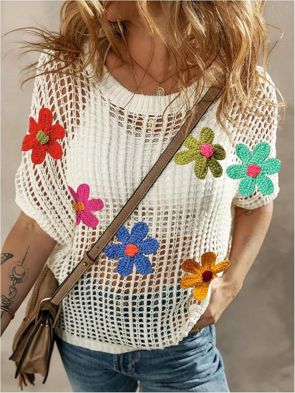 Women's Floral Summer Crochet Tops Hollow Out Scoop Neck Applique Sweater Boho Knit Pullover Tops Beach Cover Ups