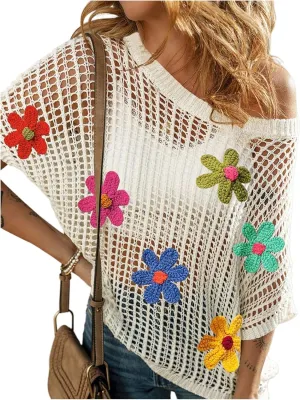 Women's Floral Summer Crochet Tops Hollow Out Scoop Neck Applique Sweater Boho Knit Pullover Tops Beach Cover Ups
