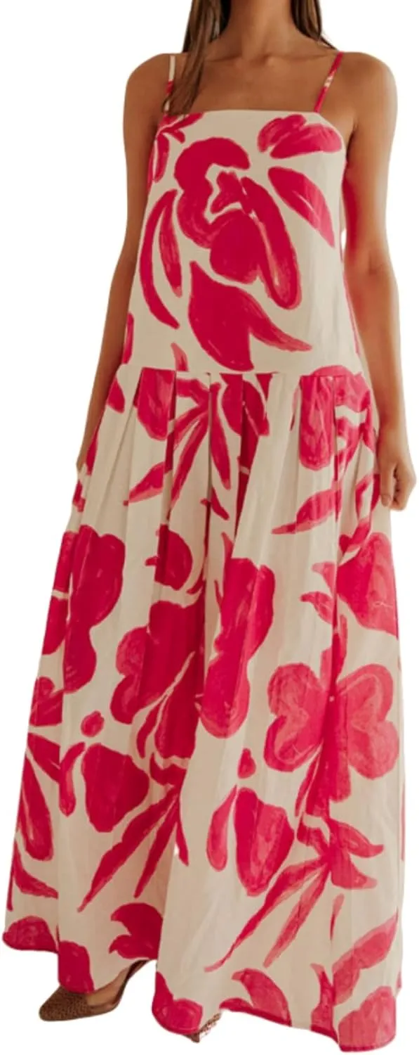 Women's Flowy Maxi Dress Casual Sleeveless Smocked Boho A Line Spaghetti Strap Ruffle Summer Beach Dresses