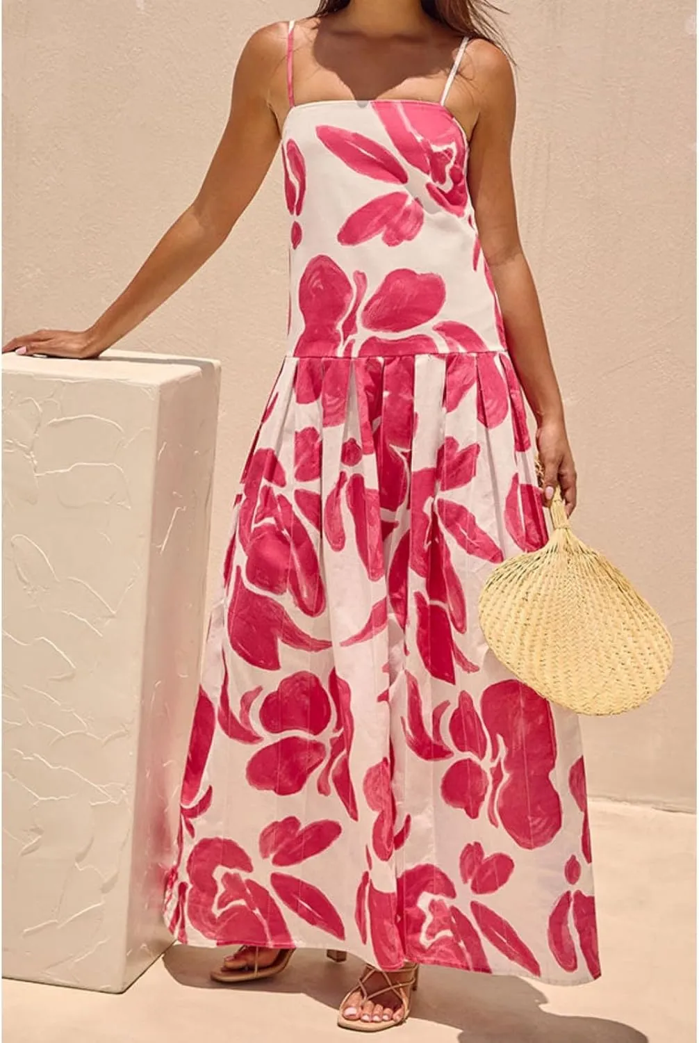 Women's Flowy Maxi Dress Casual Sleeveless Smocked Boho A Line Spaghetti Strap Ruffle Summer Beach Dresses
