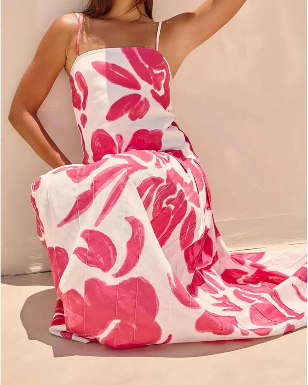 Women's Flowy Maxi Dress Casual Sleeveless Smocked Boho A Line Spaghetti Strap Ruffle Summer Beach Dresses