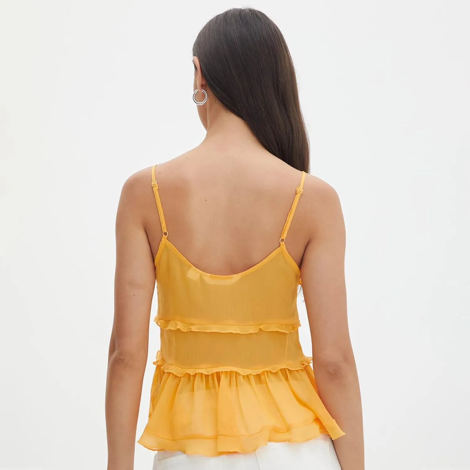 Womens Front Tie Tank Top Spaghetti Strap V Neck Camisole Sleeveless Backless Sheer Mesh Ruffle Crop Cami Tops