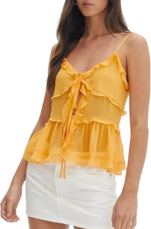Womens Front Tie Tank Top Spaghetti Strap V Neck Camisole Sleeveless Backless Sheer Mesh Ruffle Crop Cami Tops
