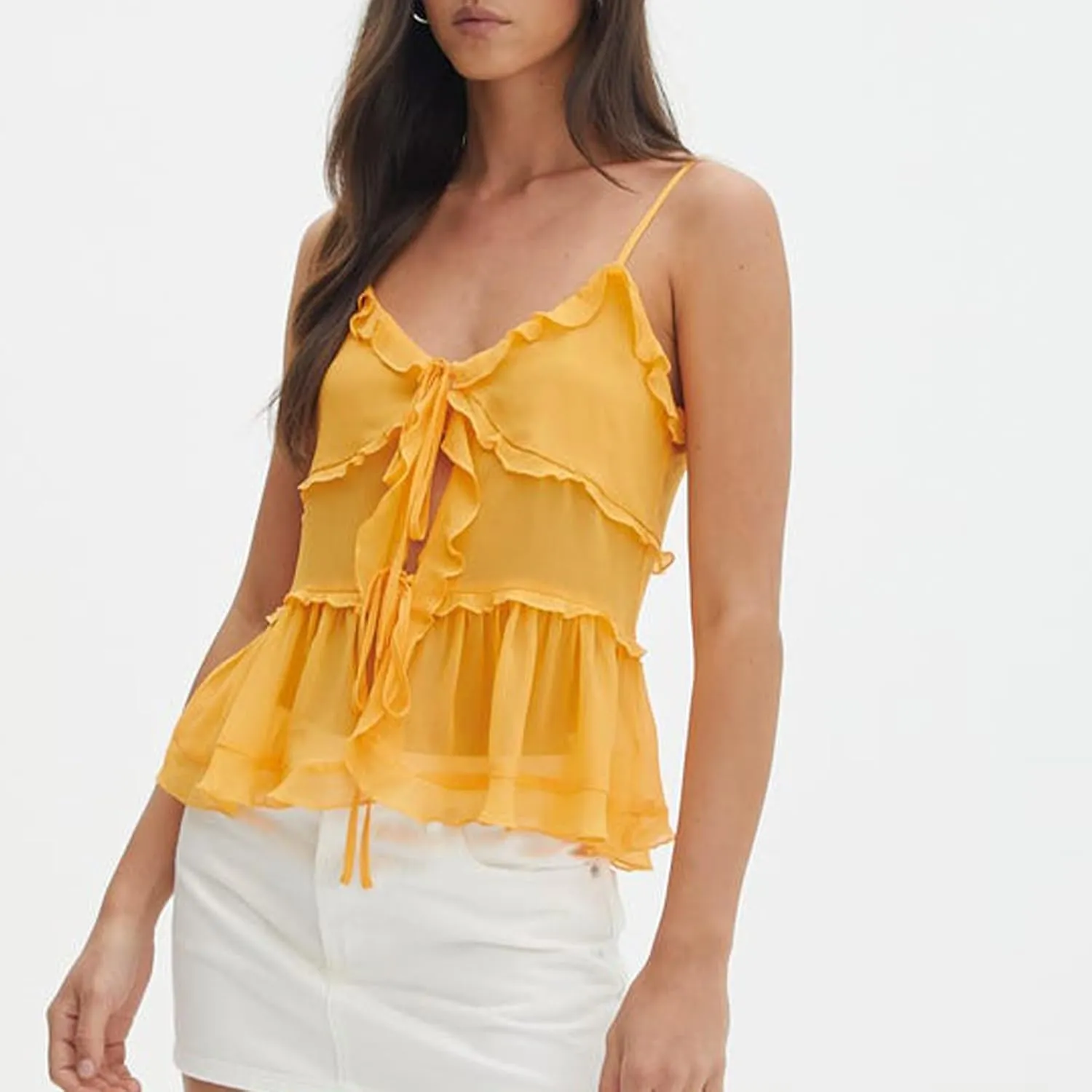 Womens Front Tie Tank Top Spaghetti Strap V Neck Camisole Sleeveless Backless Sheer Mesh Ruffle Crop Cami Tops