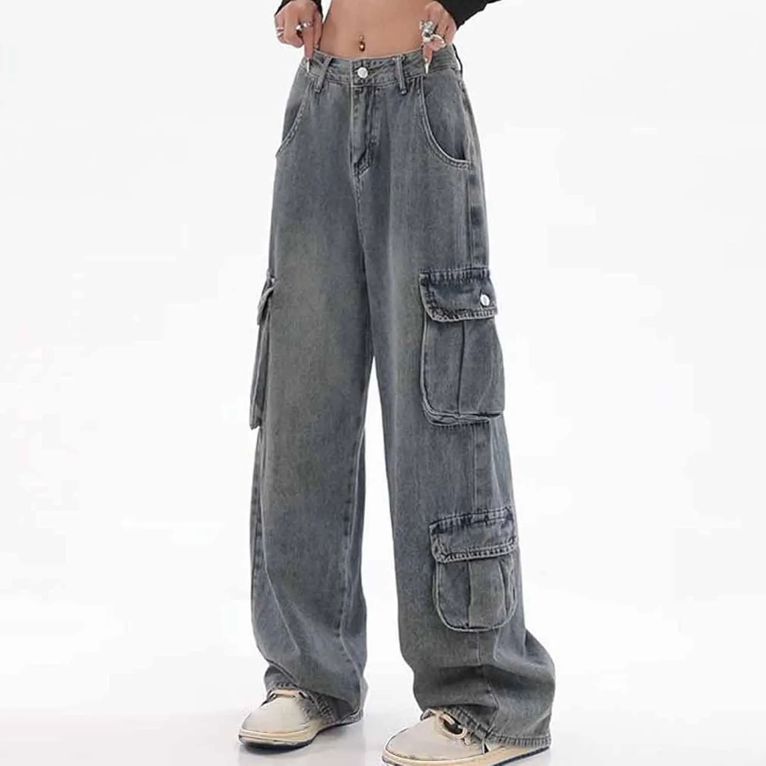 Women's High Waist Baggy Jeans Boyfriend Wide Leg Denim Pants with Pocket Ripped Straight Leg Casual Loose Trouser