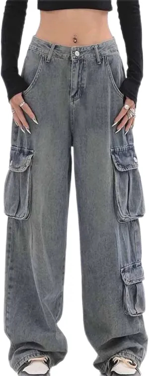 Women's High Waist Baggy Jeans Boyfriend Wide Leg Denim Pants with Pocket Ripped Straight Leg Casual Loose Trouser