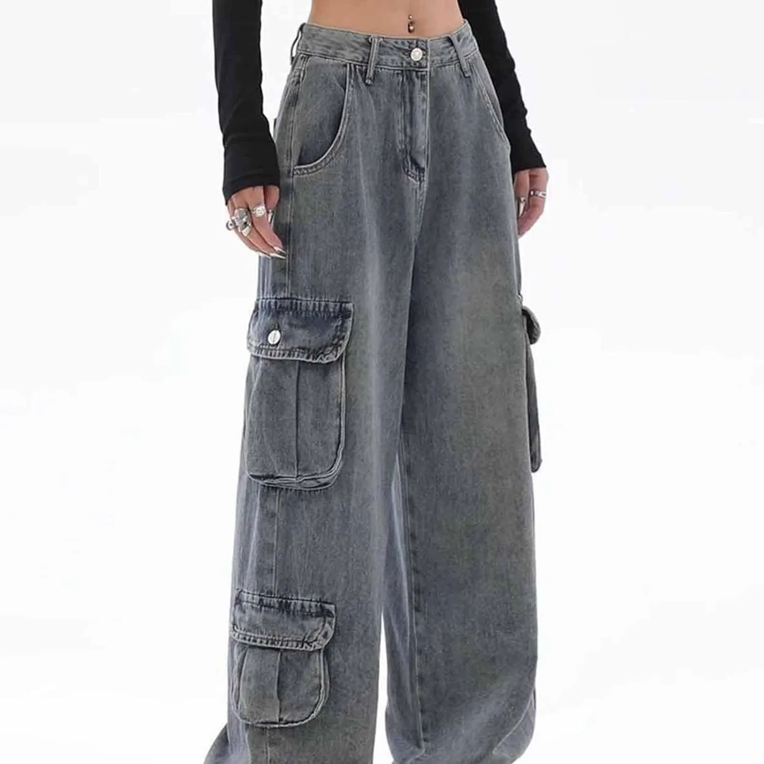 Women's High Waist Baggy Jeans Boyfriend Wide Leg Denim Pants with Pocket Ripped Straight Leg Casual Loose Trouser