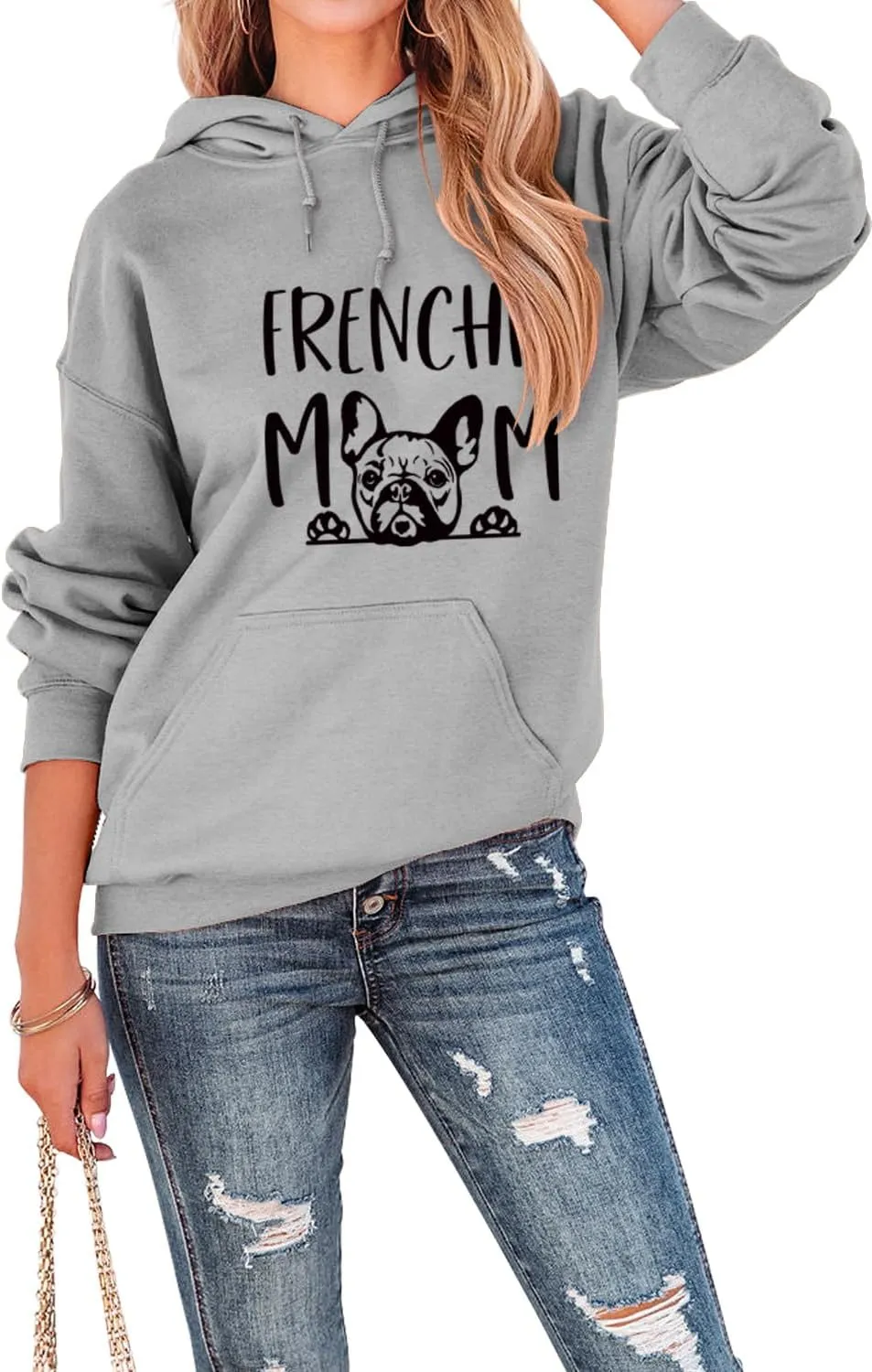 Womens Hoodies Oversized Sweatshirt Loose Long Sleeve Shirts with Pocket Frenchie Mom Cute Dog Letter Graphic Top