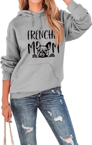 Womens Hoodies Oversized Sweatshirt Loose Long Sleeve Shirts with Pocket Frenchie Mom Cute Dog Letter Graphic Top