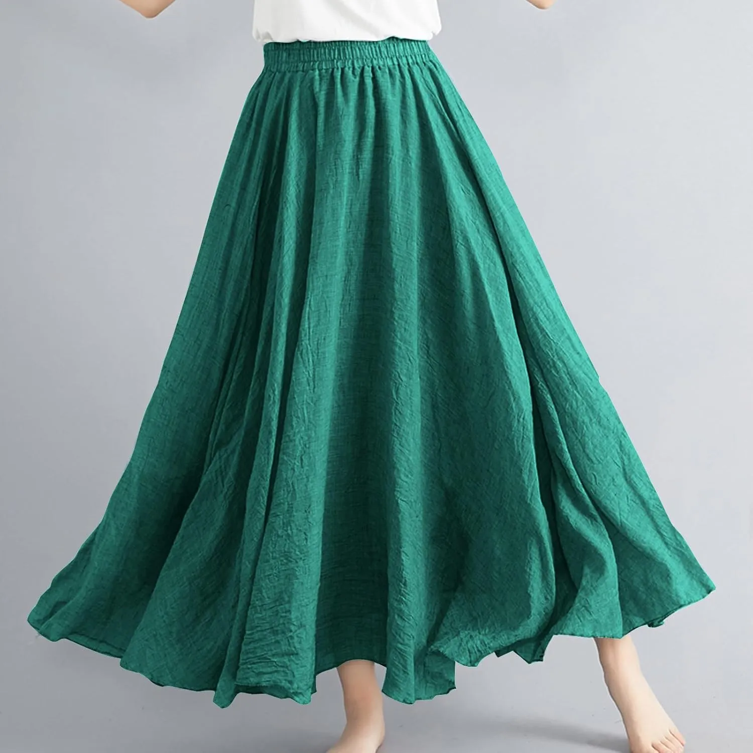 Womens Linen Maxi Skirts Solid Color Elastic Waist Pleated Beach Bohemian Long Skorts Casual Flowy Swing Maxi Skirt