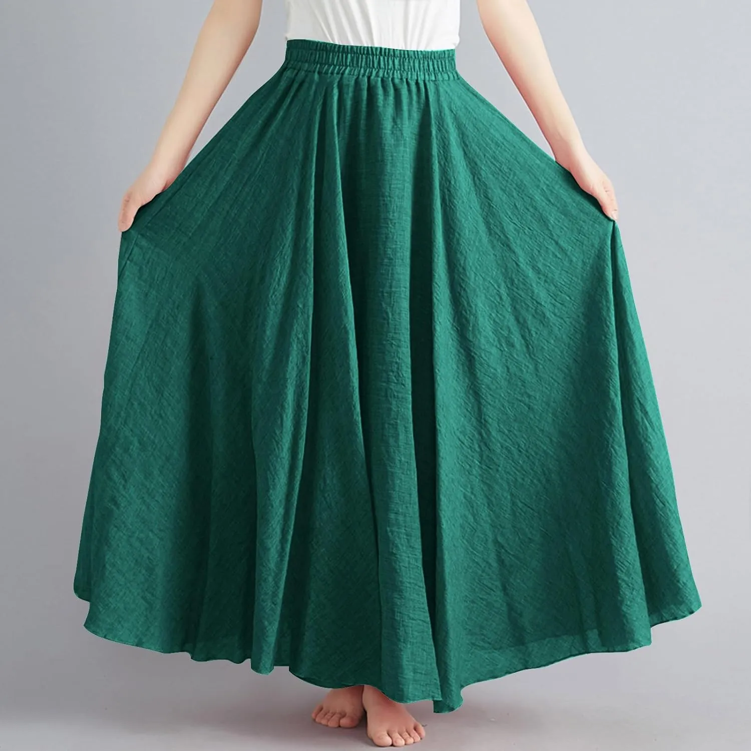 Womens Linen Maxi Skirts Solid Color Elastic Waist Pleated Beach Bohemian Long Skorts Casual Flowy Swing Maxi Skirt