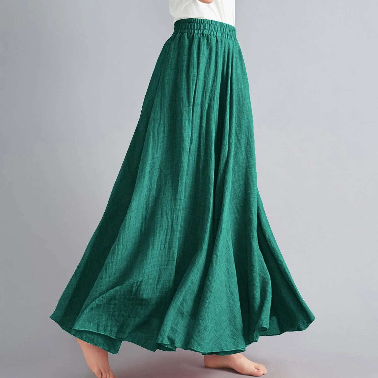 Womens Linen Maxi Skirts Solid Color Elastic Waist Pleated Beach Bohemian Long Skorts Casual Flowy Swing Maxi Skirt