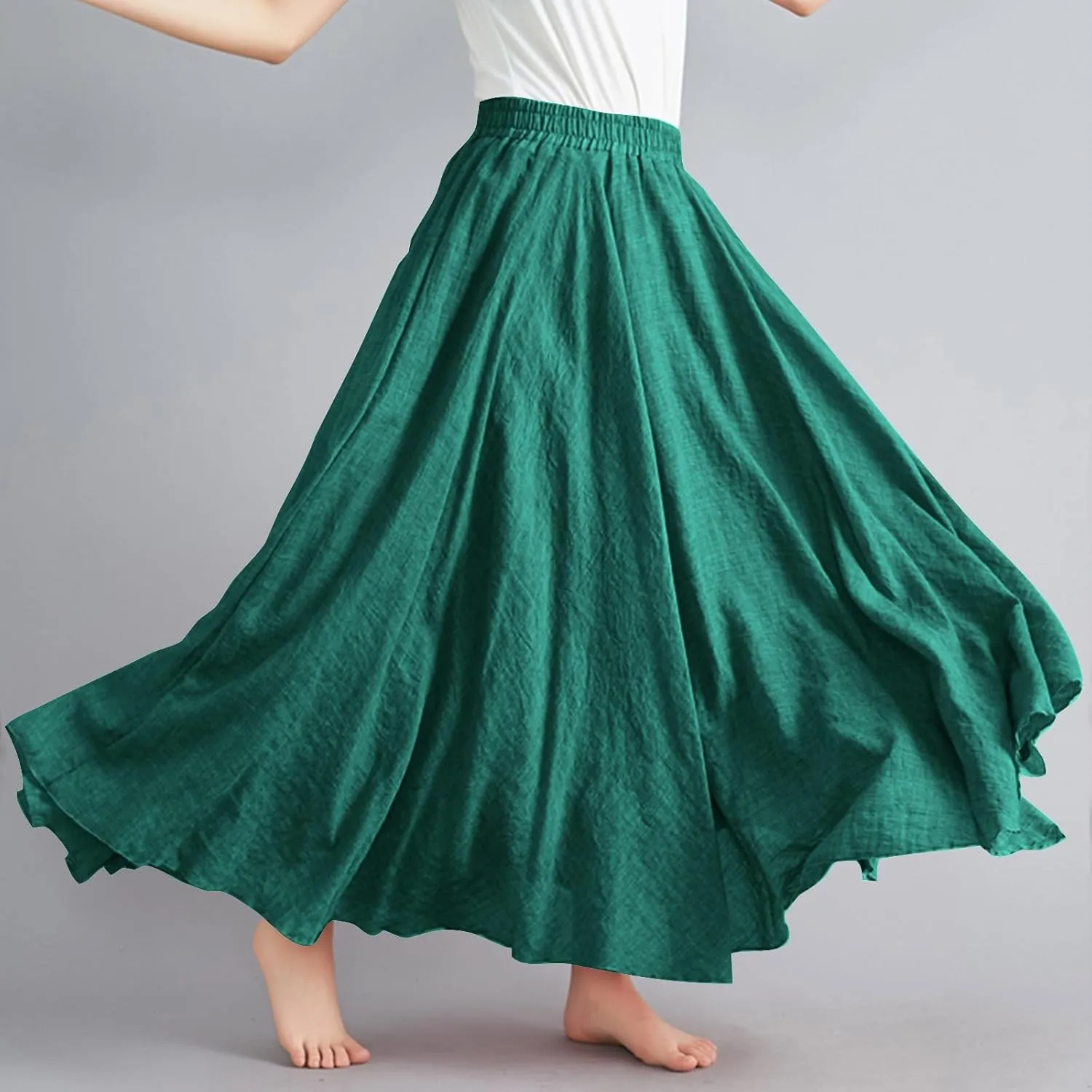 Womens Linen Maxi Skirts Solid Color Elastic Waist Pleated Beach Bohemian Long Skorts Casual Flowy Swing Maxi Skirt