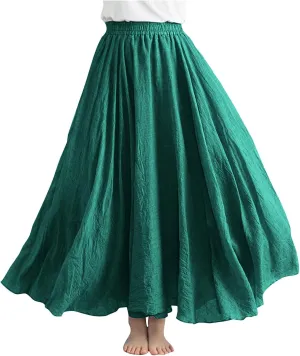 Womens Linen Maxi Skirts Solid Color Elastic Waist Pleated Beach Bohemian Long Skorts Casual Flowy Swing Maxi Skirt