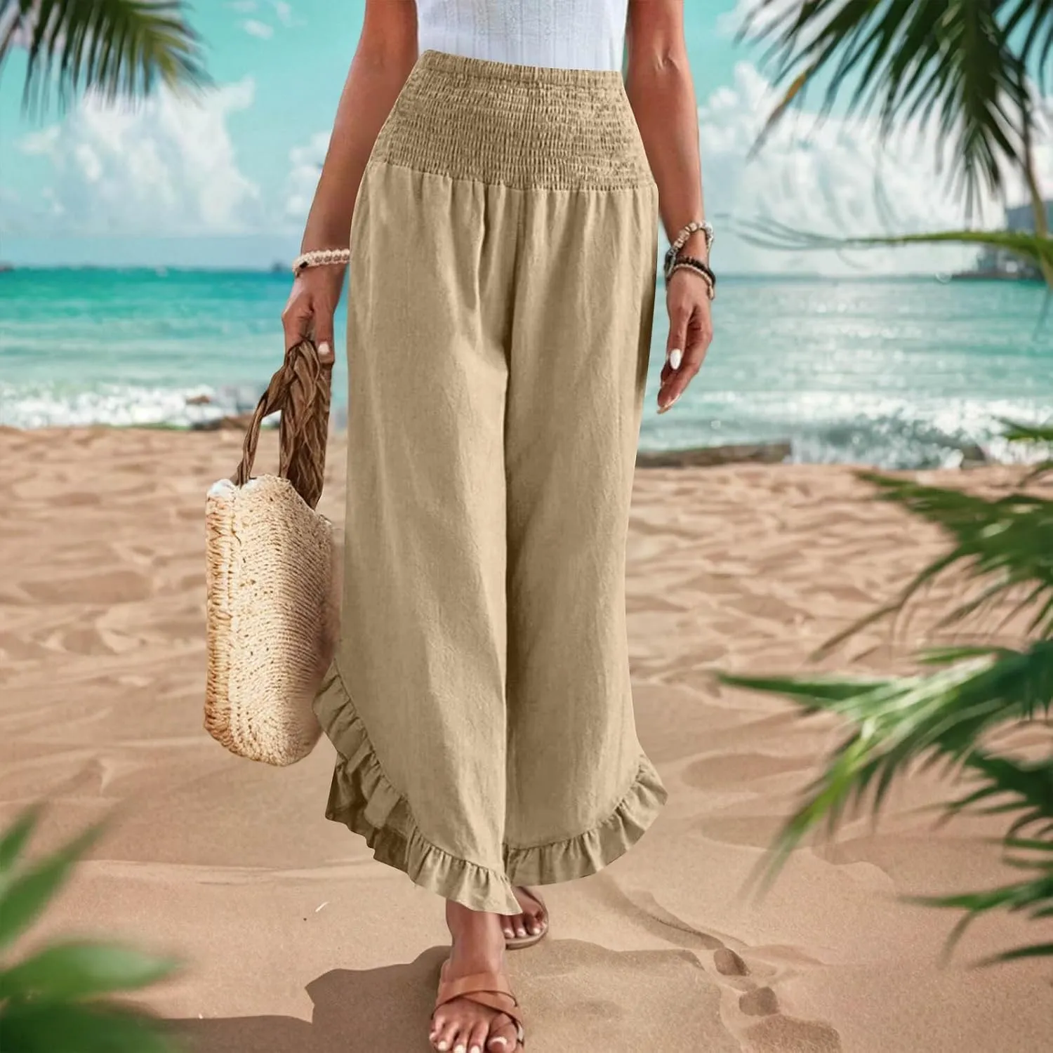 Womens Linen Pants Summer Wide Leg Pants Smocked Waist Ruffle Hem Palazzo Pant Flowy Beach Vacation Clothes with Pocket