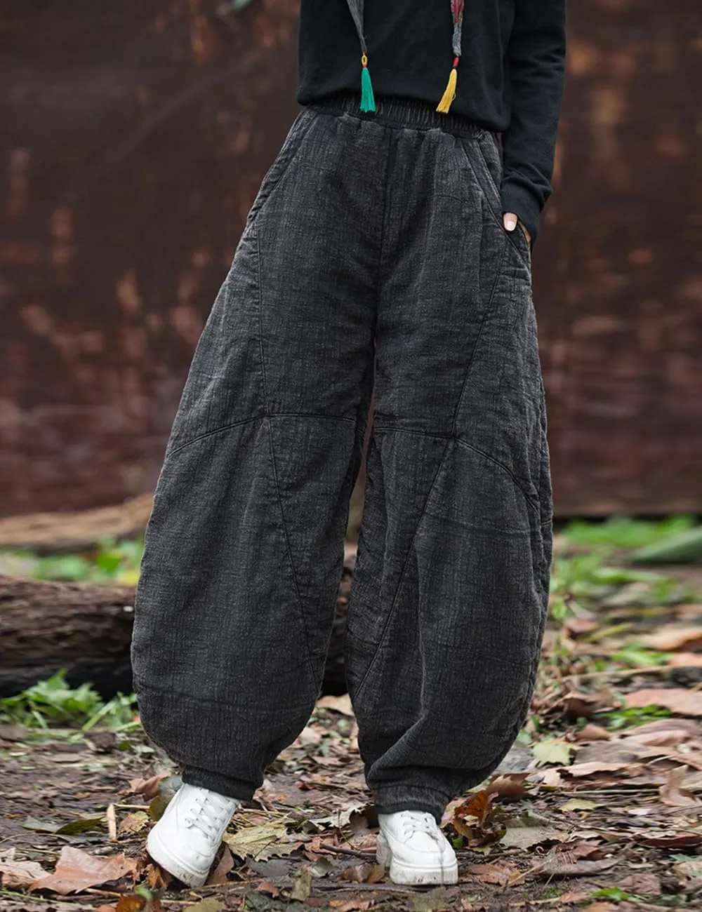Women's Loose Fitting Casual Lantern Harem Pants Elastic Waist Quilted Winter Warm Trousers with Pockets