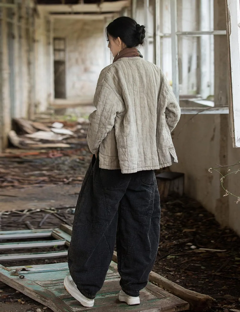 Women's Loose Fitting Casual Lantern Harem Pants Elastic Waist Quilted Winter Warm Trousers with Pockets