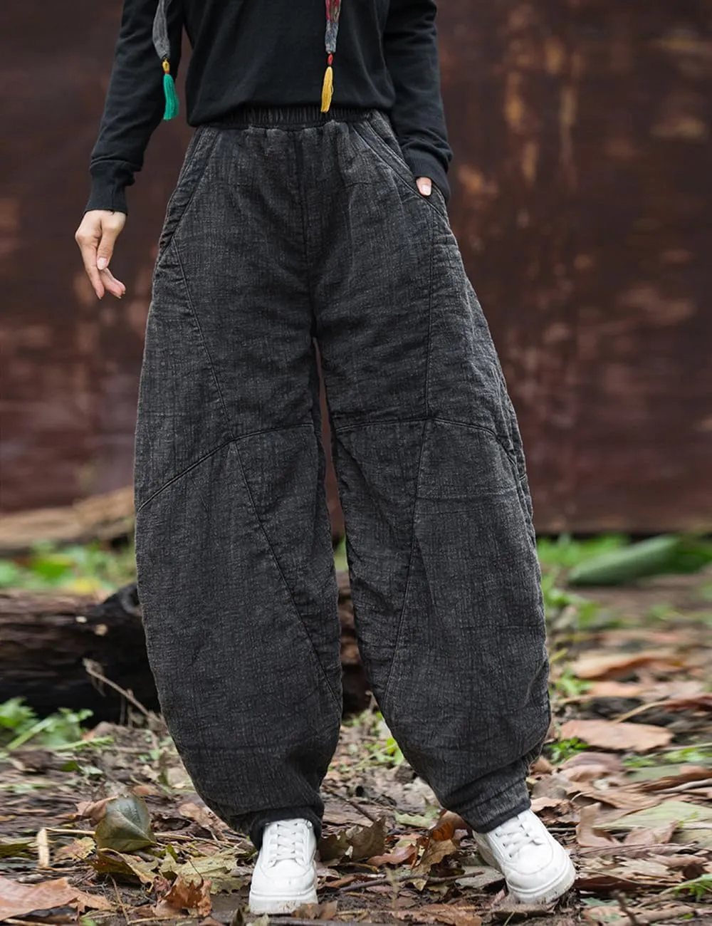Women's Loose Fitting Casual Lantern Harem Pants Elastic Waist Quilted Winter Warm Trousers with Pockets