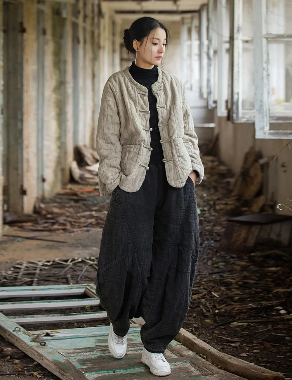 Women's Loose Fitting Casual Lantern Harem Pants Elastic Waist Quilted Winter Warm Trousers with Pockets