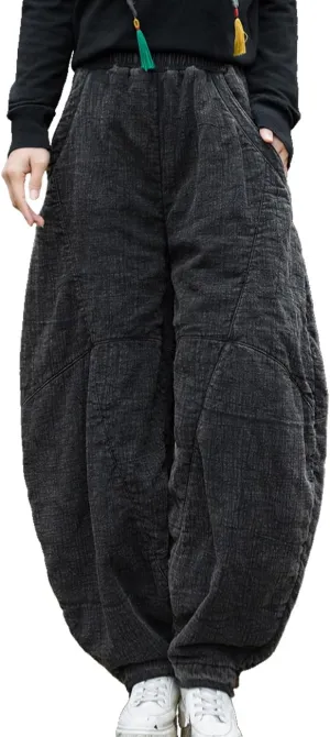 Women's Loose Fitting Casual Lantern Harem Pants Elastic Waist Quilted Winter Warm Trousers with Pockets
