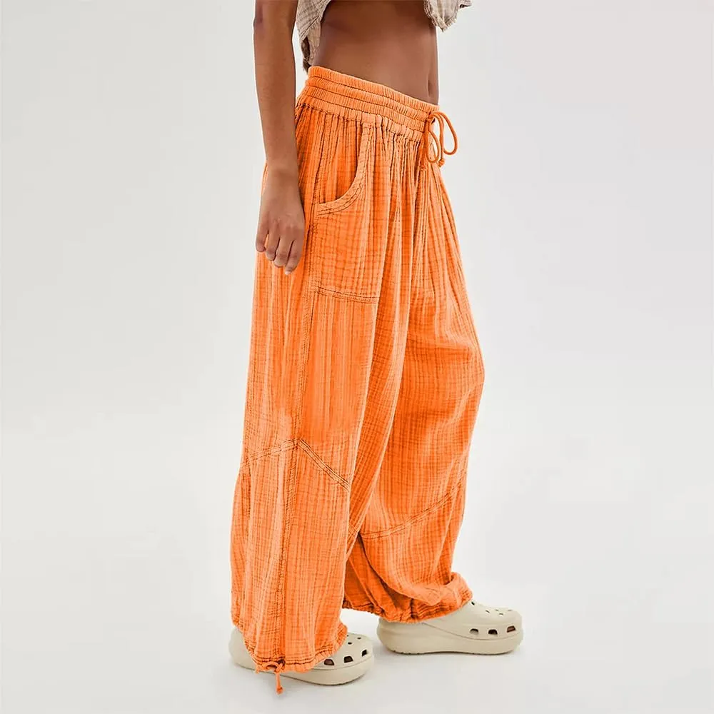 Women's Loose Fitting Palazzo Pants Pleated Drawstring Elastic Waist Solid Color with Pockets Relax Pants