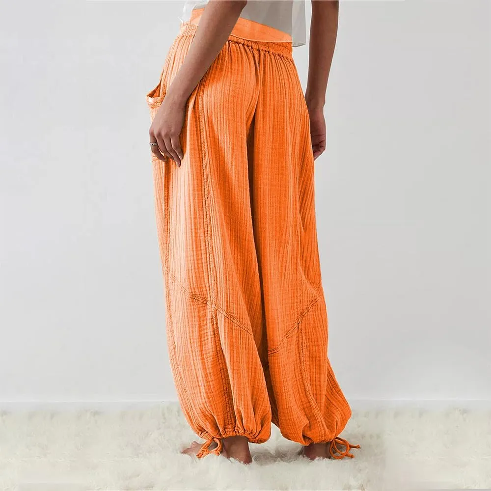 Women's Loose Fitting Palazzo Pants Pleated Drawstring Elastic Waist Solid Color with Pockets Relax Pants