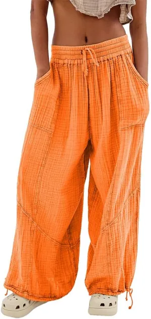 Women's Loose Fitting Palazzo Pants Pleated Drawstring Elastic Waist Solid Color with Pockets Relax Pants