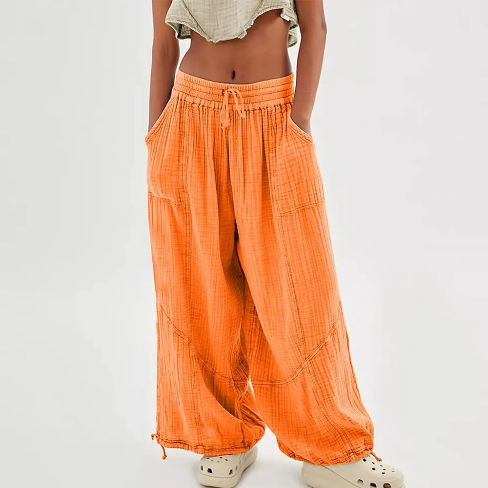 Women's Loose Fitting Palazzo Pants Pleated Drawstring Elastic Waist Solid Color with Pockets Relax Pants