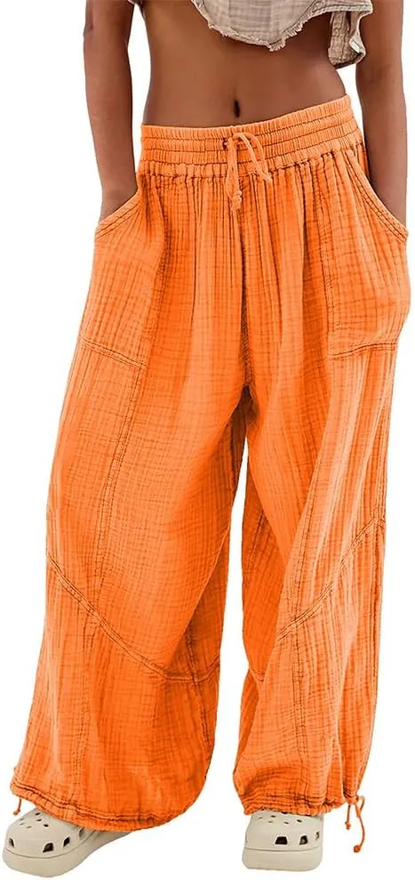 Women's Loose Fitting Palazzo Pants Pleated Drawstring Elastic Waist Solid Color with Pockets Relax Pants