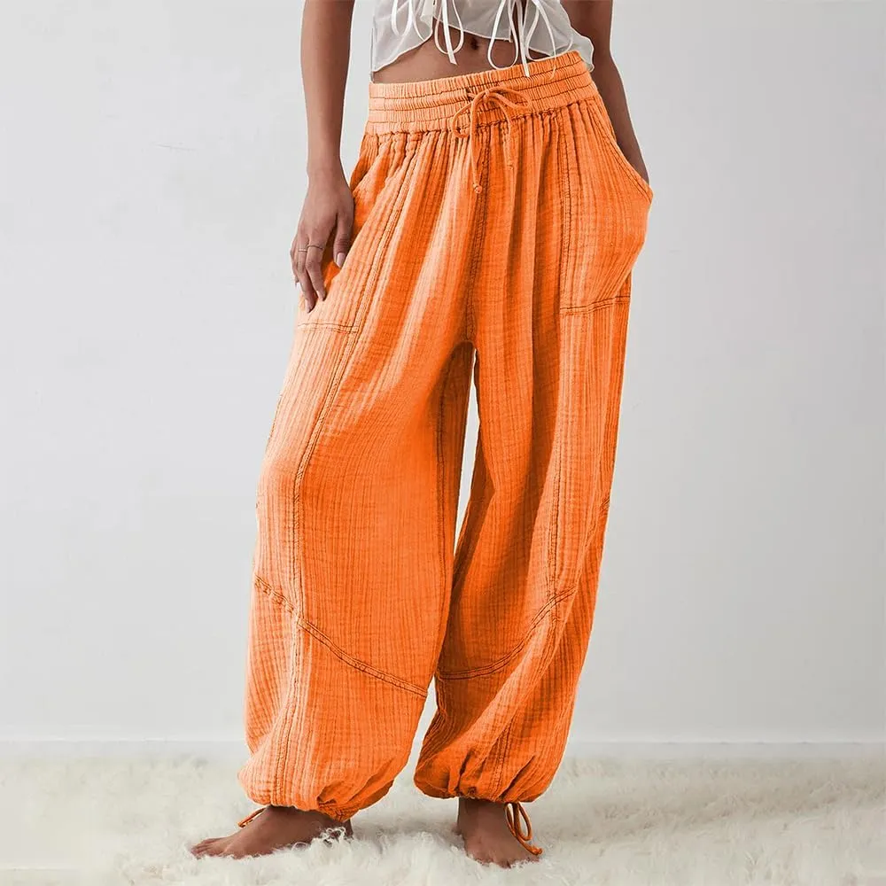 Women's Loose Fitting Palazzo Pants Pleated Drawstring Elastic Waist Solid Color with Pockets Relax Pants