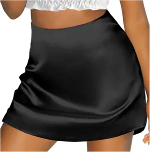 Women's Mini Skirts Casual High Waisted Stain Silk A-Line Zipper Fall Short Skirt Rave Festival Party Skirts