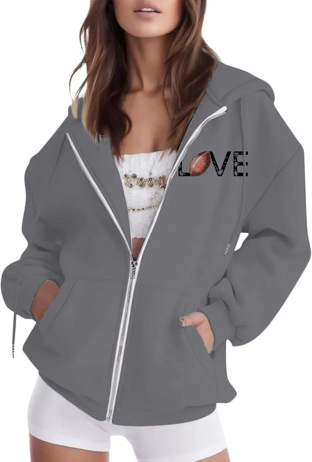 Women's Novelty Letter Print Zip Up Hoodies Hip Hop Basic Autumn Winter Oversized Baggy Drawstring Pullover with Pockets