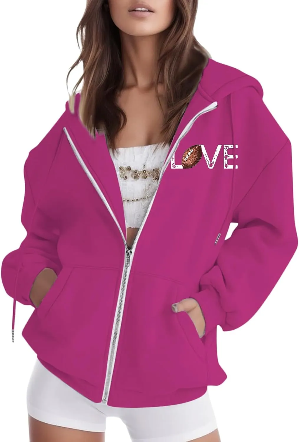 Women's Novelty Letter Print Zip Up Hoodies Hip Hop Basic Autumn Winter Oversized Baggy Drawstring Pullover with Pockets