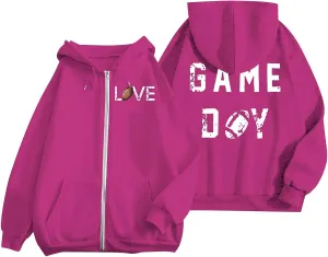 Women's Novelty Letter Print Zip Up Hoodies Hip Hop Basic Autumn Winter Oversized Baggy Drawstring Pullover with Pockets