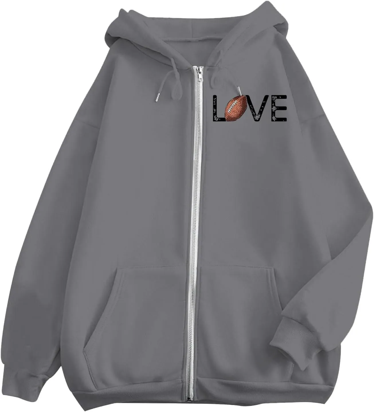 Women's Novelty Letter Print Zip Up Hoodies Hip Hop Basic Autumn Winter Oversized Baggy Drawstring Pullover with Pockets