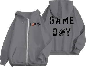 Women's Novelty Letter Print Zip Up Hoodies Hip Hop Basic Autumn Winter Oversized Baggy Drawstring Pullover with Pockets