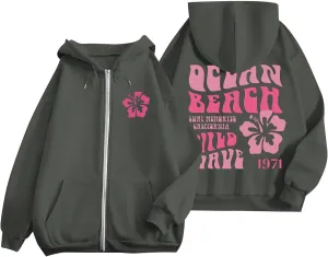 Women's Oversized Full Zip Hoodies Y2K Cute Preppy Graphic Zip Up Sweat Jackets For Teen Girls with Pockets