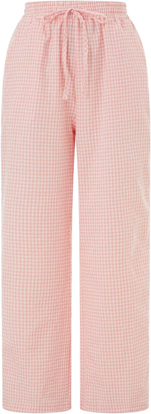 Women's Plaid Pajama Pants Y2K Gingham Wide Leg Lounge Pants High Waist Drawstring Pjs Trousers with Pockets