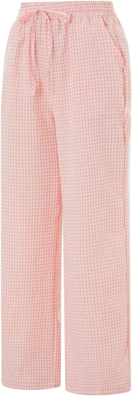 Women's Plaid Pajama Pants Y2K Gingham Wide Leg Lounge Pants High Waist Drawstring Pjs Trousers with Pockets