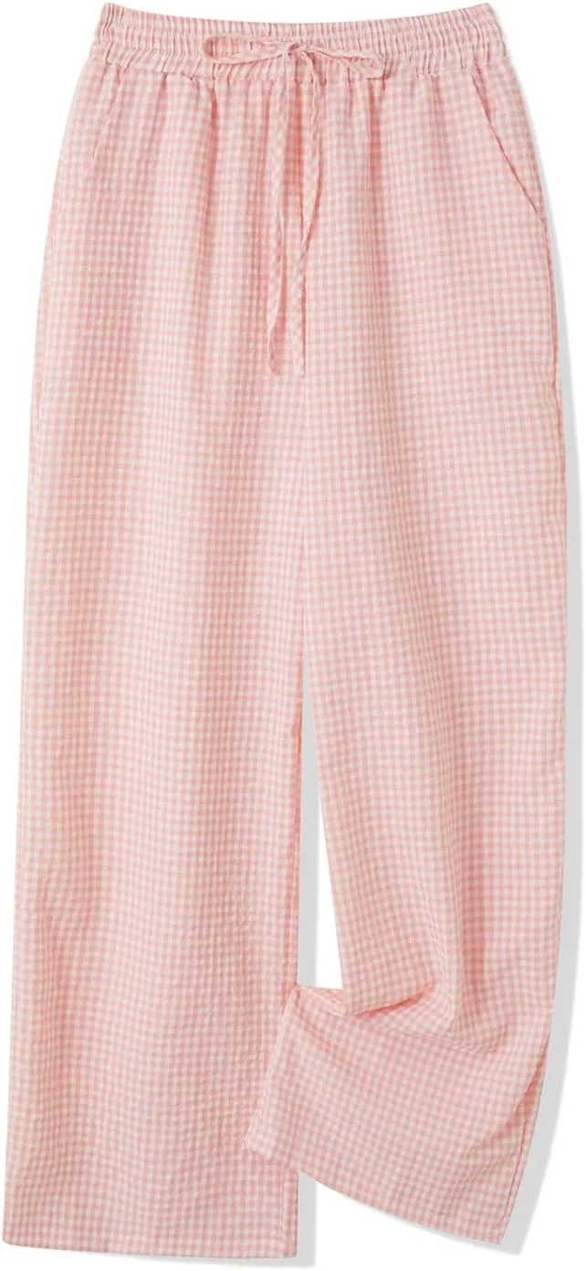 Women's Plaid Pajama Pants Y2K Gingham Wide Leg Lounge Pants High Waist Drawstring Pjs Trousers with Pockets